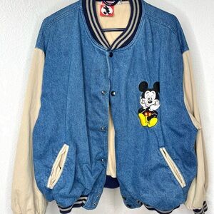 Vintage Mickey Mouse Varsity Jean Jacket XL Denim Bomber 90s Disney Cotton Coat
